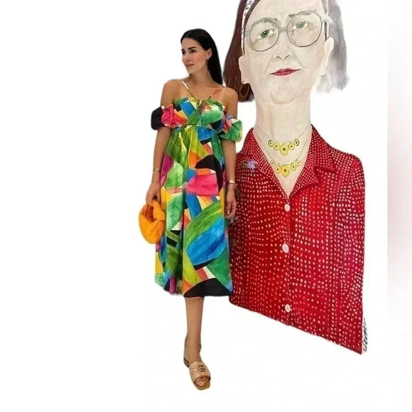 H&M Floral Puff Sleeve Maxi Dress Off-Shoulder Green Linen Blend Cottagecore M - Picture 2 of 11